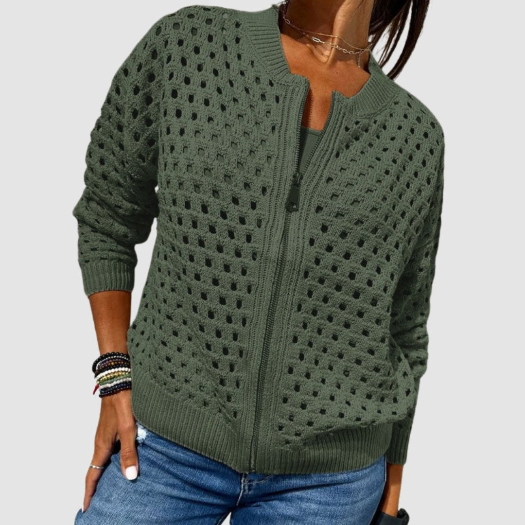 Women's Relaxed-Fit Zip-Up Cardigan Hollow-Knit Lightweight Casual Layering
