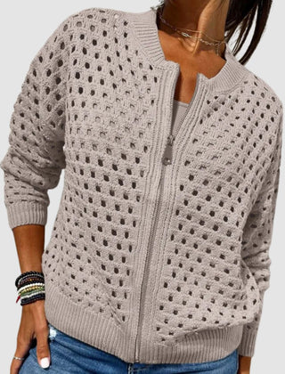 Women's Relaxed-Fit Zip-Up Cardigan Hollow-Knit Lightweight Casual Layering