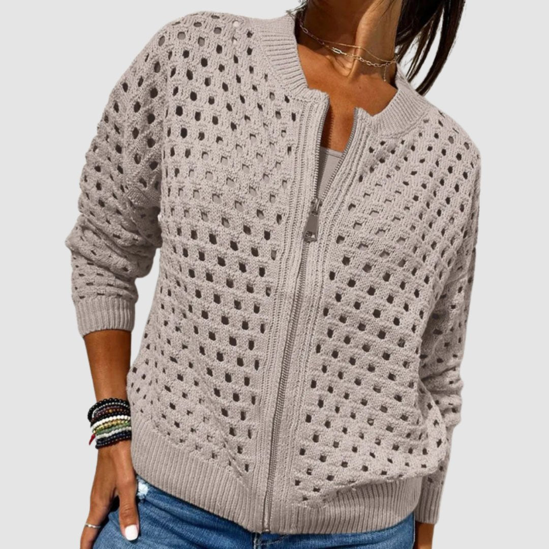 Women's Relaxed-Fit Zip-Up Cardigan Hollow-Knit Lightweight Casual Layering