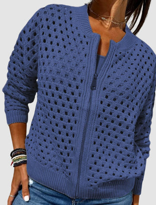 Women's Relaxed-Fit Zip-Up Cardigan Hollow-Knit Lightweight Casual Layering