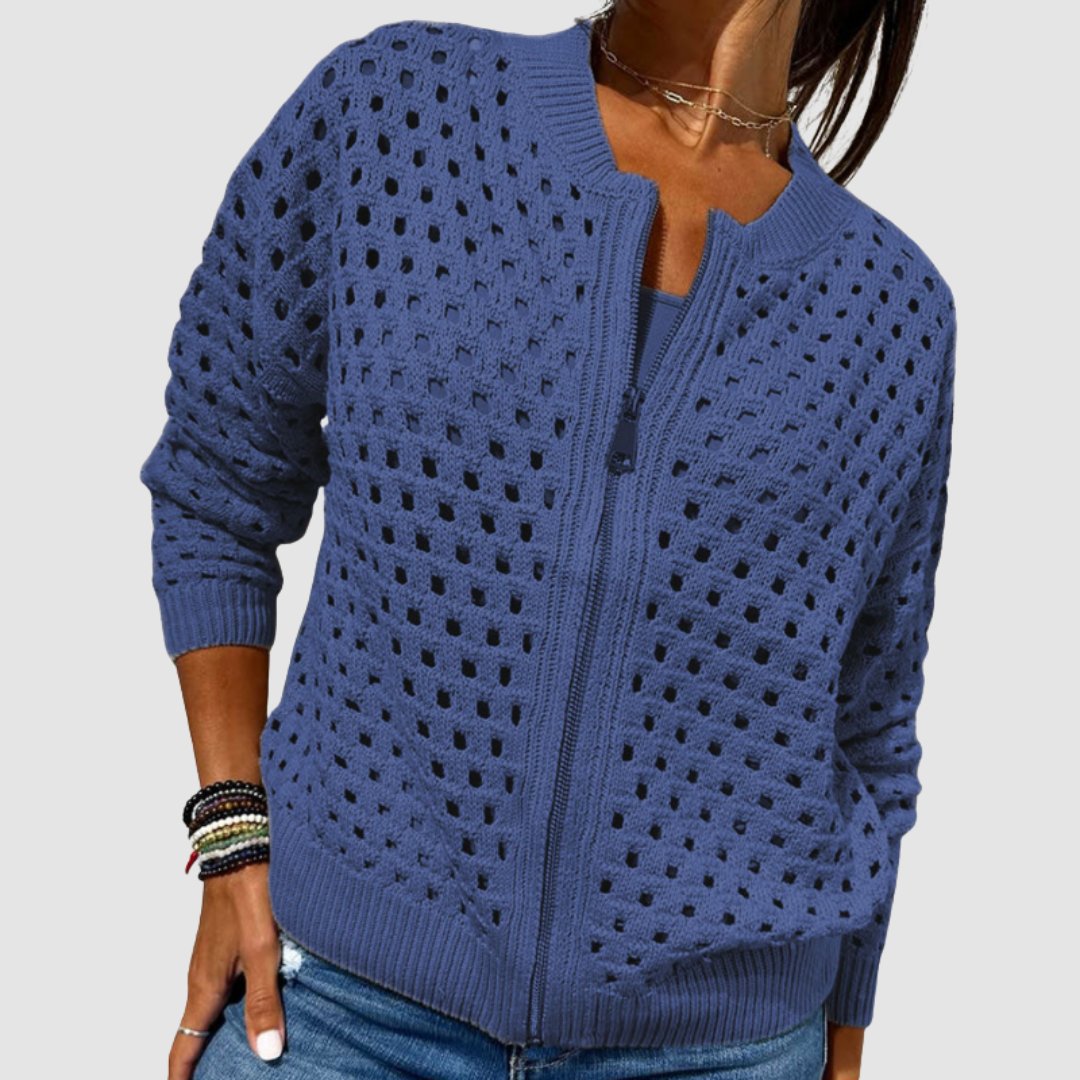 Women's Relaxed-Fit Zip-Up Cardigan Hollow-Knit Lightweight Casual Layering