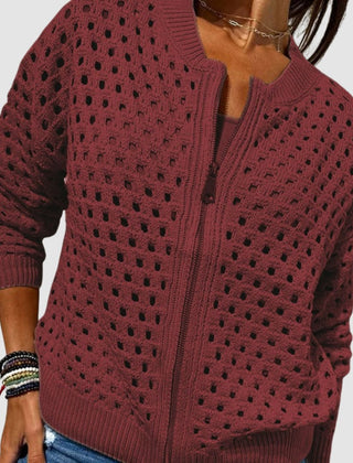 Women's Relaxed-Fit Zip-Up Cardigan Hollow-Knit Lightweight Casual Layering