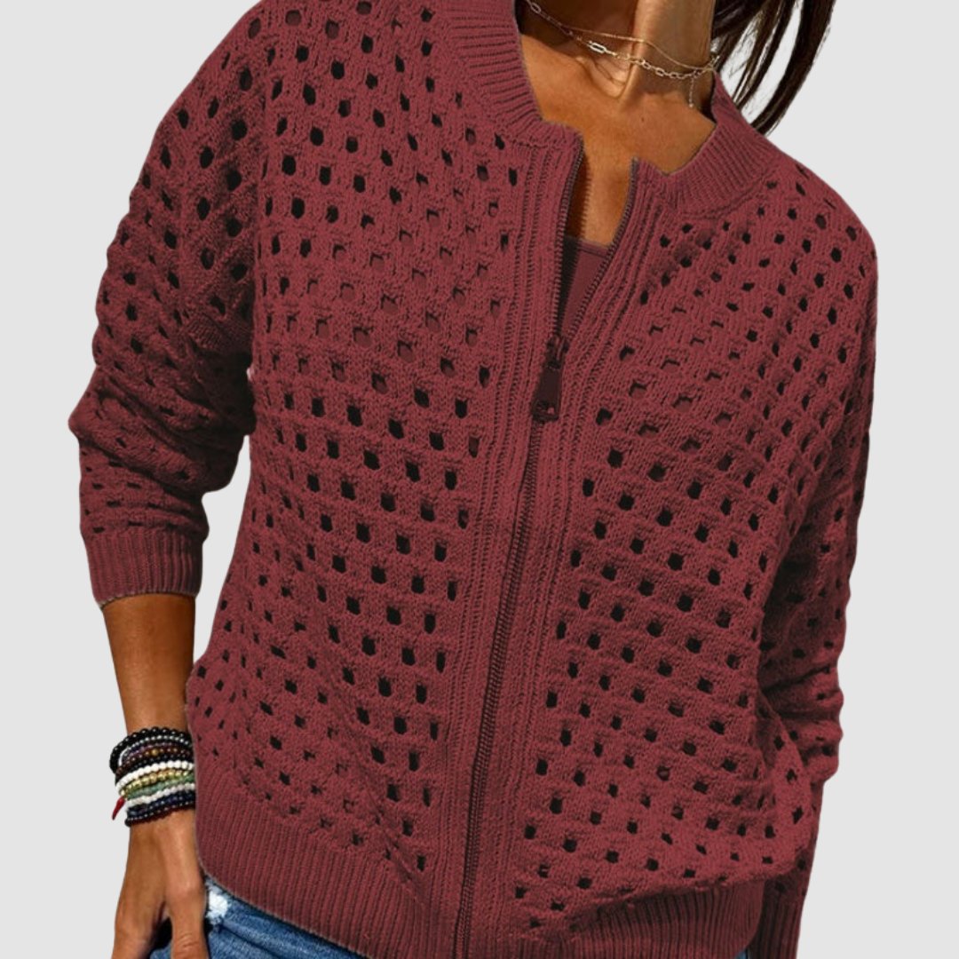 Women's Relaxed-Fit Zip-Up Cardigan Hollow-Knit Lightweight Casual Layering