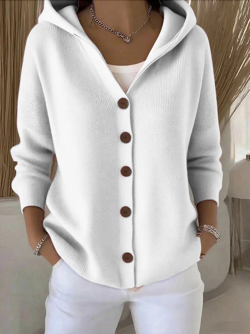 Women's Relaxed-Fit Hooded Cardigan Button-Front Knit Layering Casual