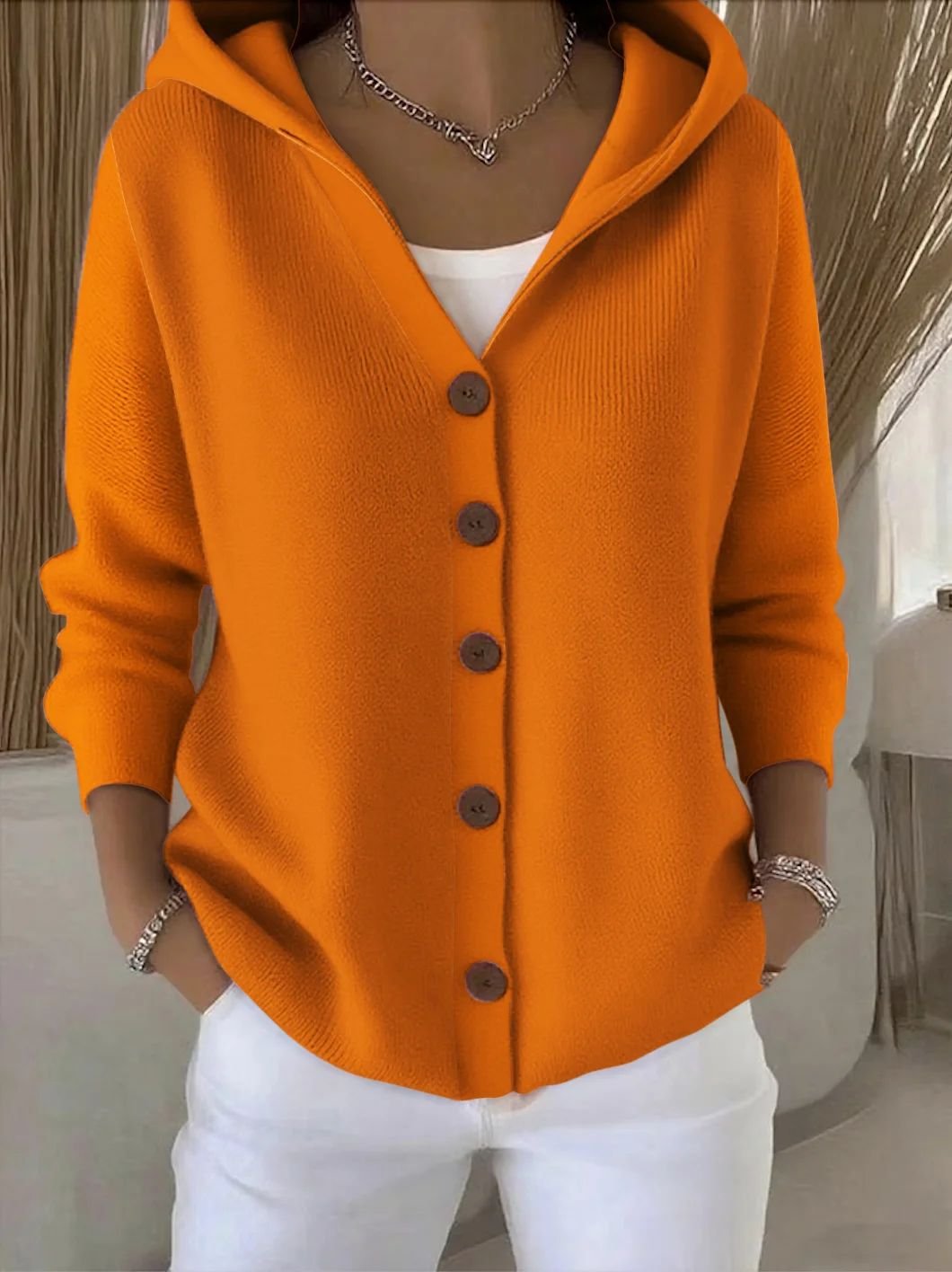 Women's Relaxed-Fit Hooded Cardigan Button-Front Knit Layering Casual