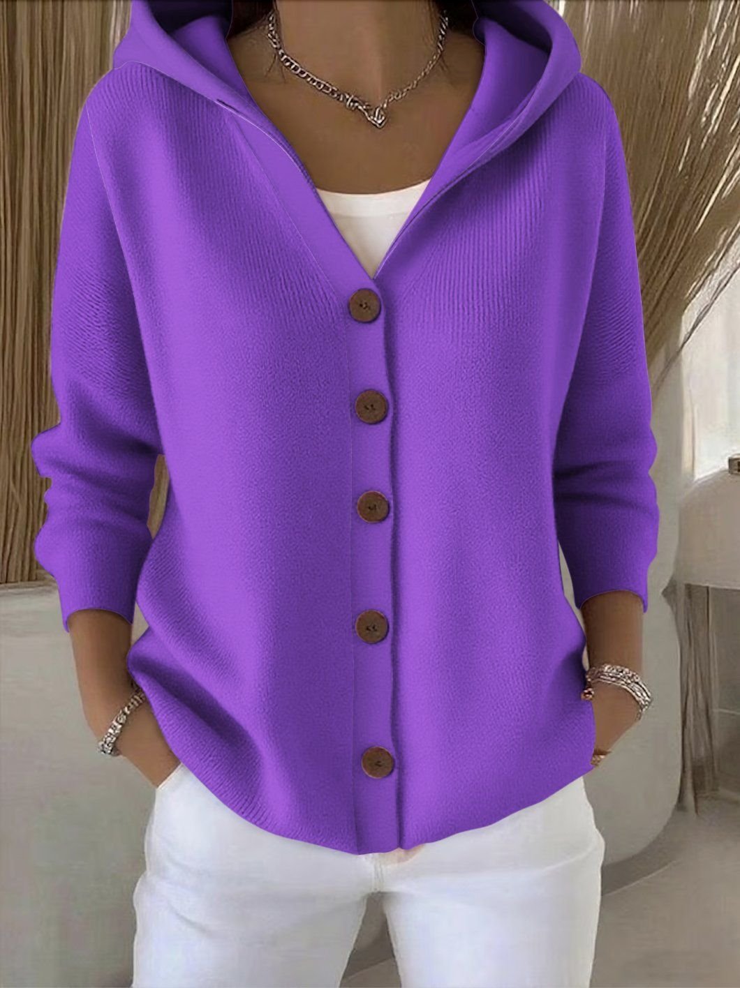 Women's Relaxed-Fit Hooded Cardigan Button-Front Knit Layering Casual