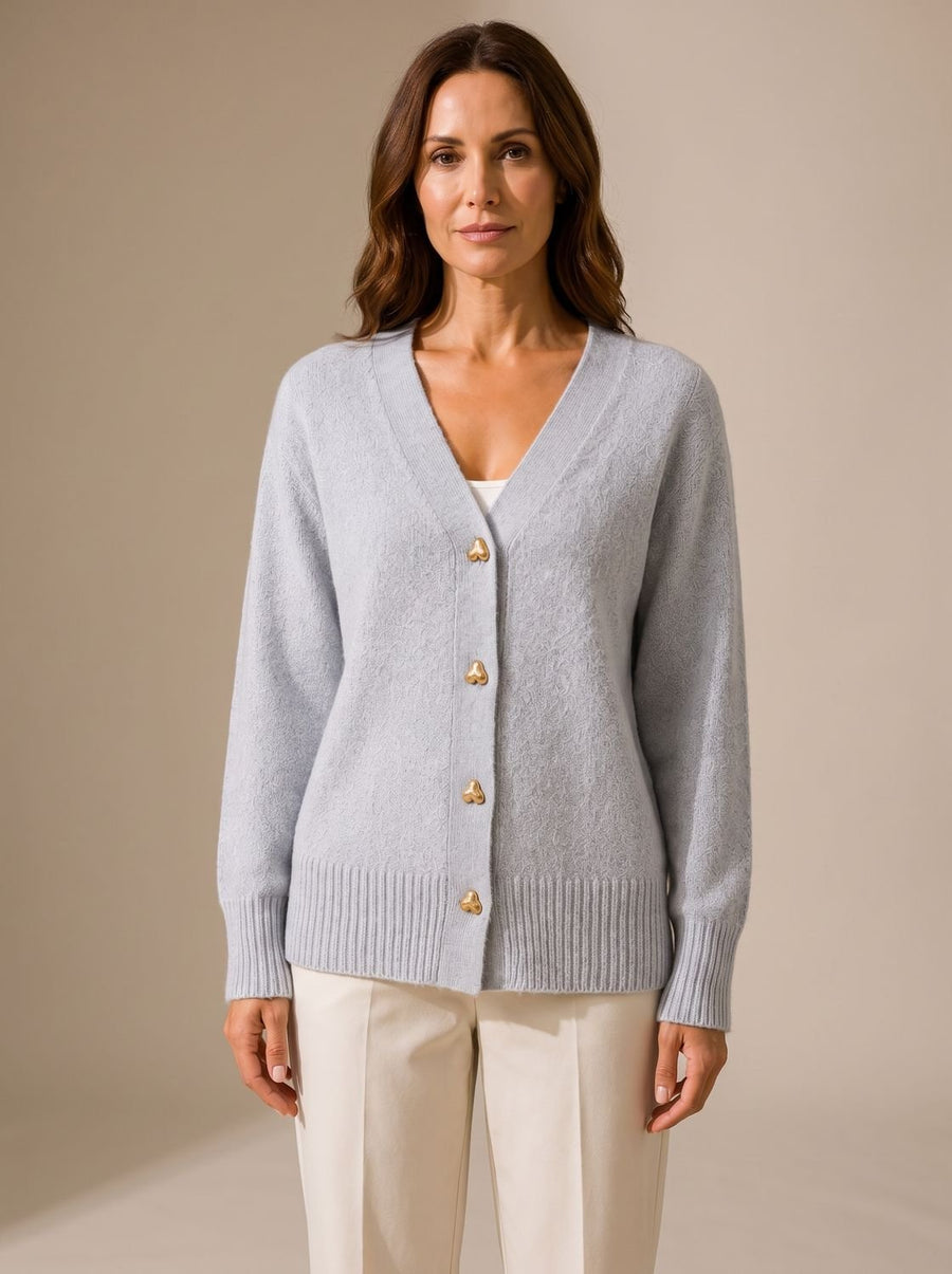 Women's Relaxed-Fit V-Neck Cardigan Gold Heart Button Knitwear Casual Stylish