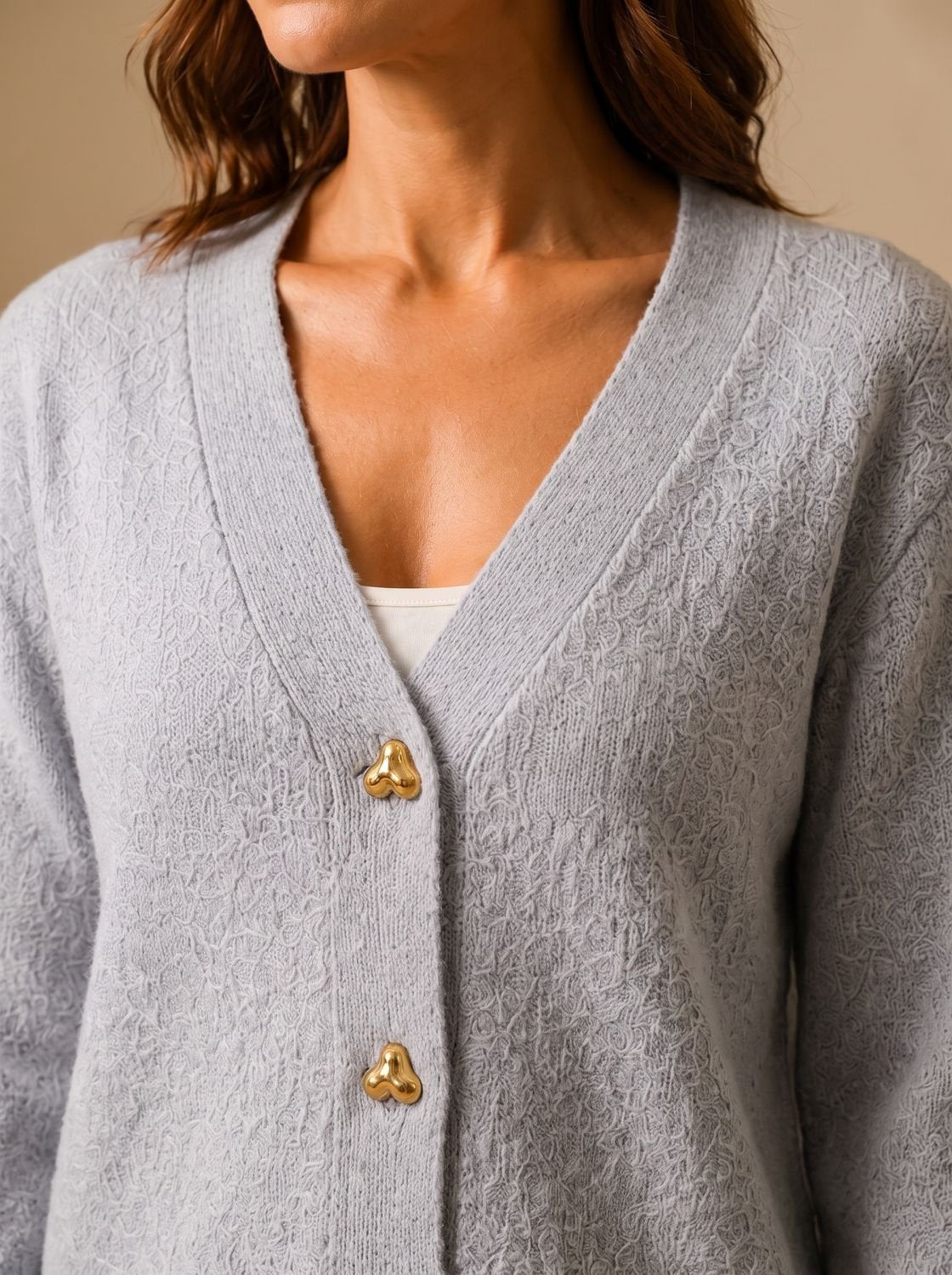 Women's Relaxed-Fit V-Neck Cardigan Gold Heart Button Knitwear Casual Stylish