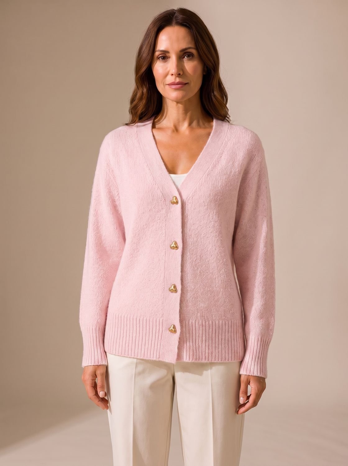 Women's Relaxed-Fit V-Neck Cardigan Gold Heart Button Knitwear Casual Stylish
