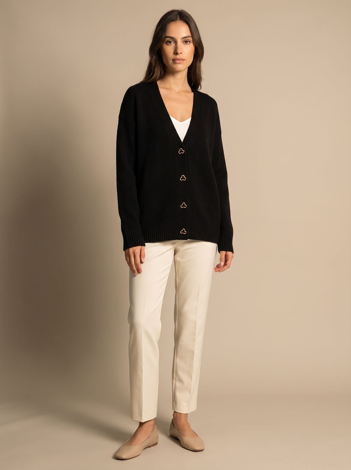Women's Relaxed-Fit V-Neck Cardigan Gold Heart Button Knitwear Casual Stylish