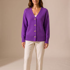 Women's Relaxed-Fit V-Neck Cardigan Gold Heart Button Knitwear Casual Stylish