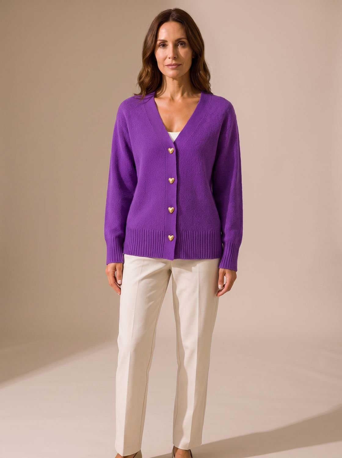 Women's Relaxed-Fit V-Neck Cardigan Gold Heart Button Knitwear Casual Stylish