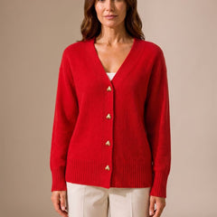 Women's Relaxed-Fit V-Neck Cardigan Gold Heart Button Knitwear Casual Stylish