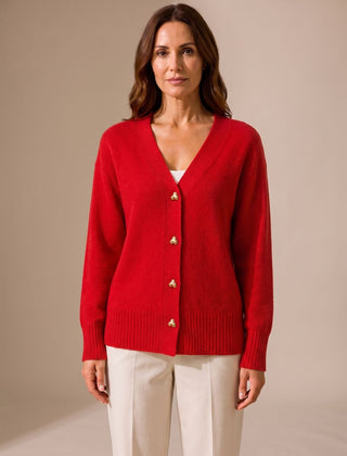 Women's Relaxed-Fit V-Neck Cardigan Gold Heart Button Knitwear Casual Stylish