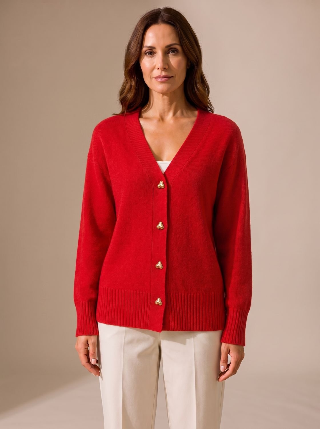 Women's Relaxed-Fit V-Neck Cardigan Gold Heart Button Knitwear Casual Stylish