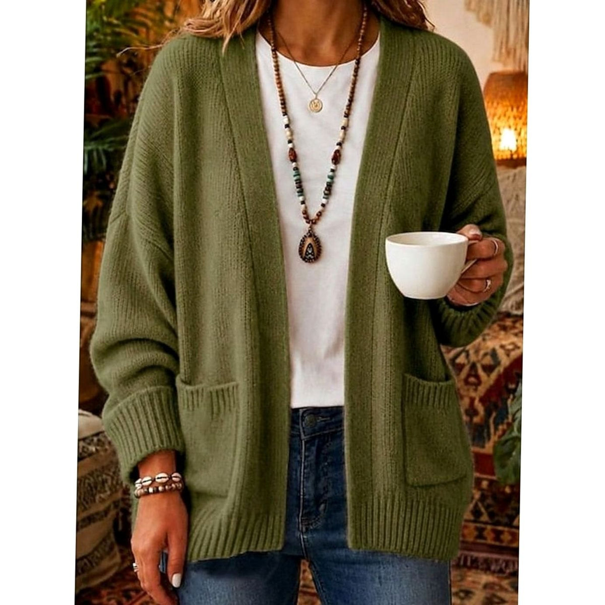 Women's Relaxed Open-Front Cardigan Sweater with Pockets Casual Layering Everyday
