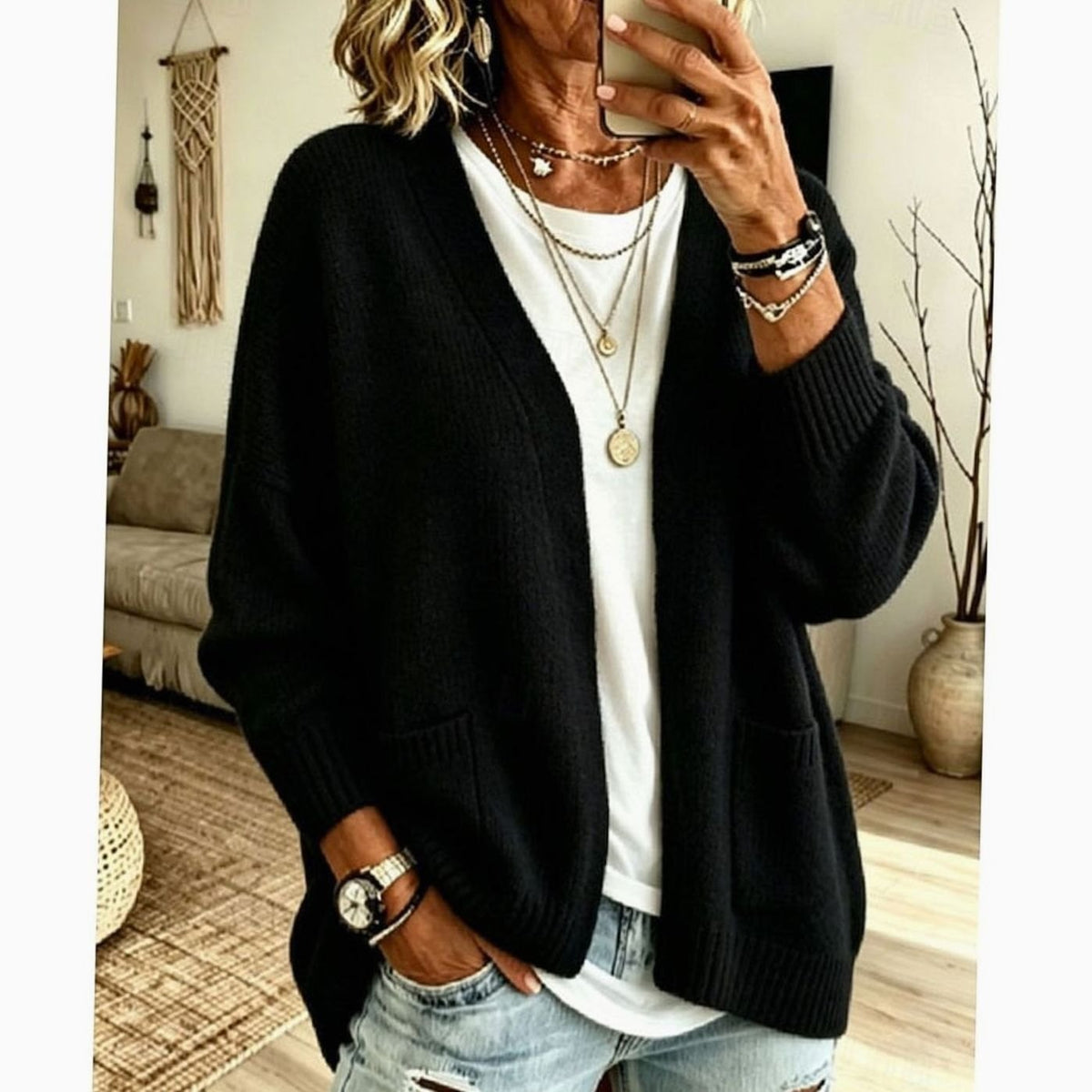 Women's Relaxed Open-Front Cardigan Sweater with Pockets Casual Layering