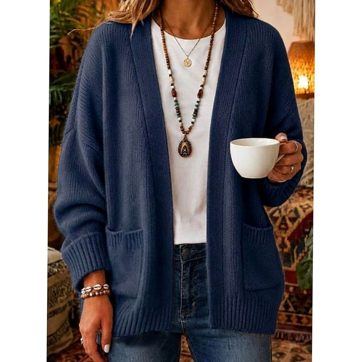Women's Relaxed Open-Front Cardigan Sweater with Pockets Casual Layering Everyday
