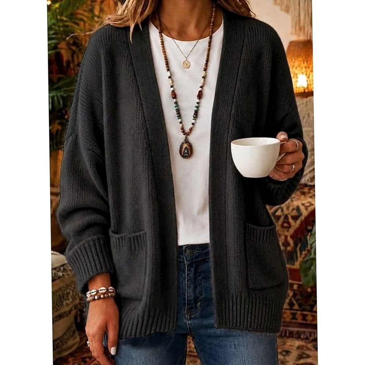 Women's Relaxed Open-Front Cardigan Sweater with Pockets Casual Layering Everyday