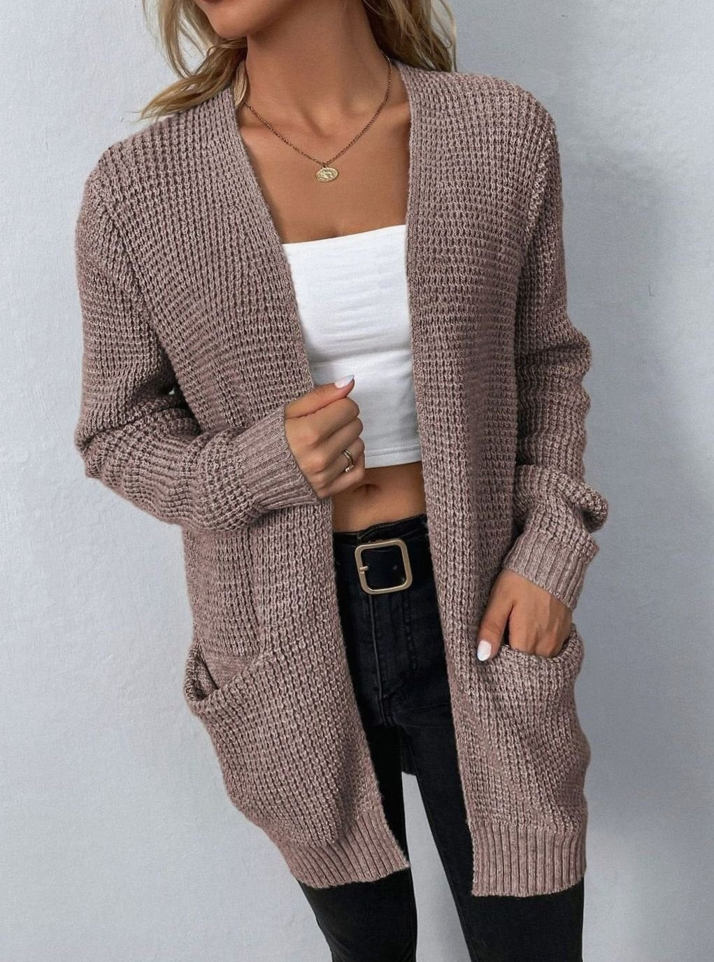 Women's Relaxed Open-Front Cardigan Waffle-Knit Layering Casual Everyday