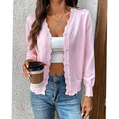 Women's Button-Front Knit Cardigan Scalloped-Edge Relaxed Fit Layering Stylish
