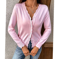 Women's Button-Front Knit Cardigan Scalloped-Edge Relaxed Fit Layering Stylish
