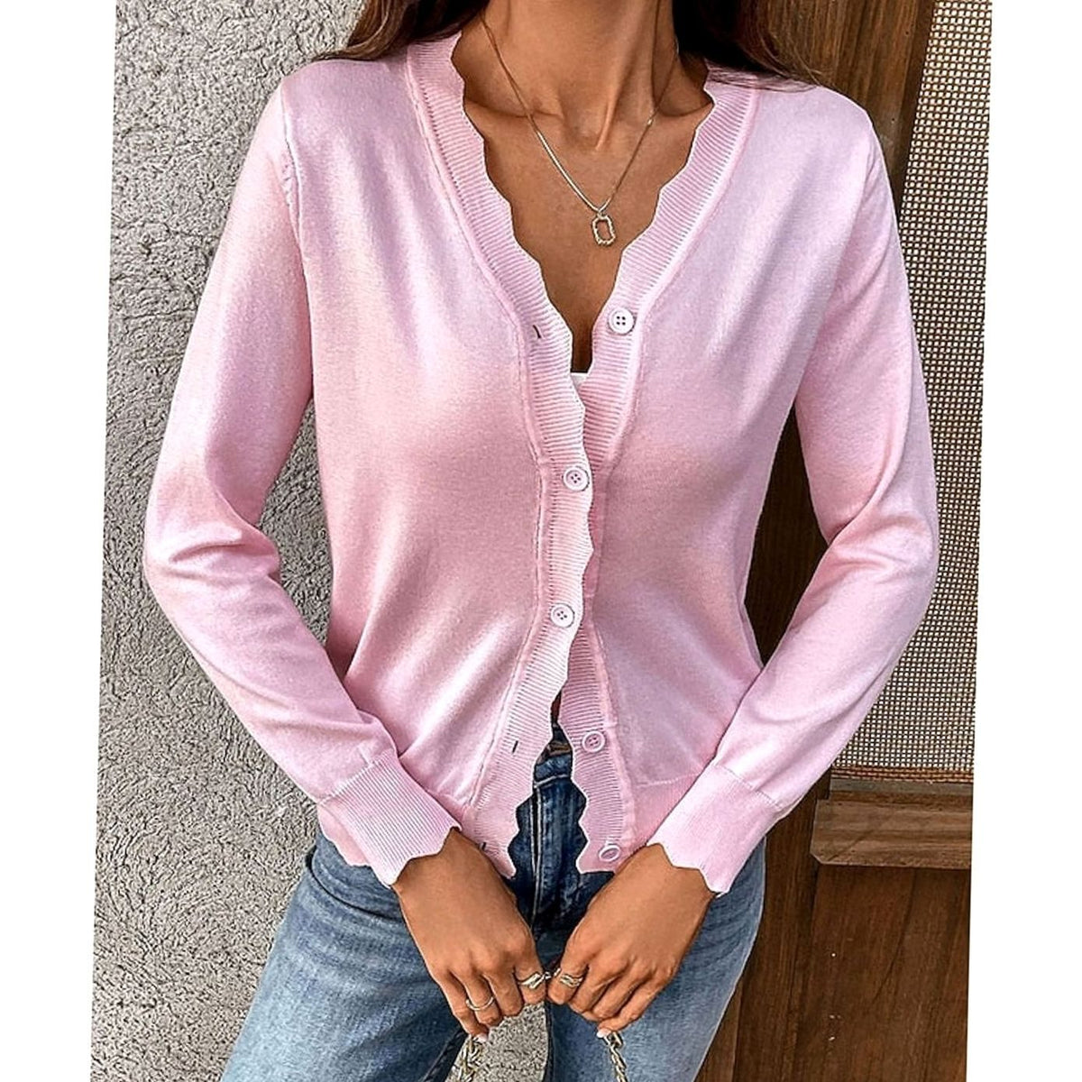 Women's Button-Front Knit Cardigan Scalloped-Edge Relaxed Fit Layering Stylish