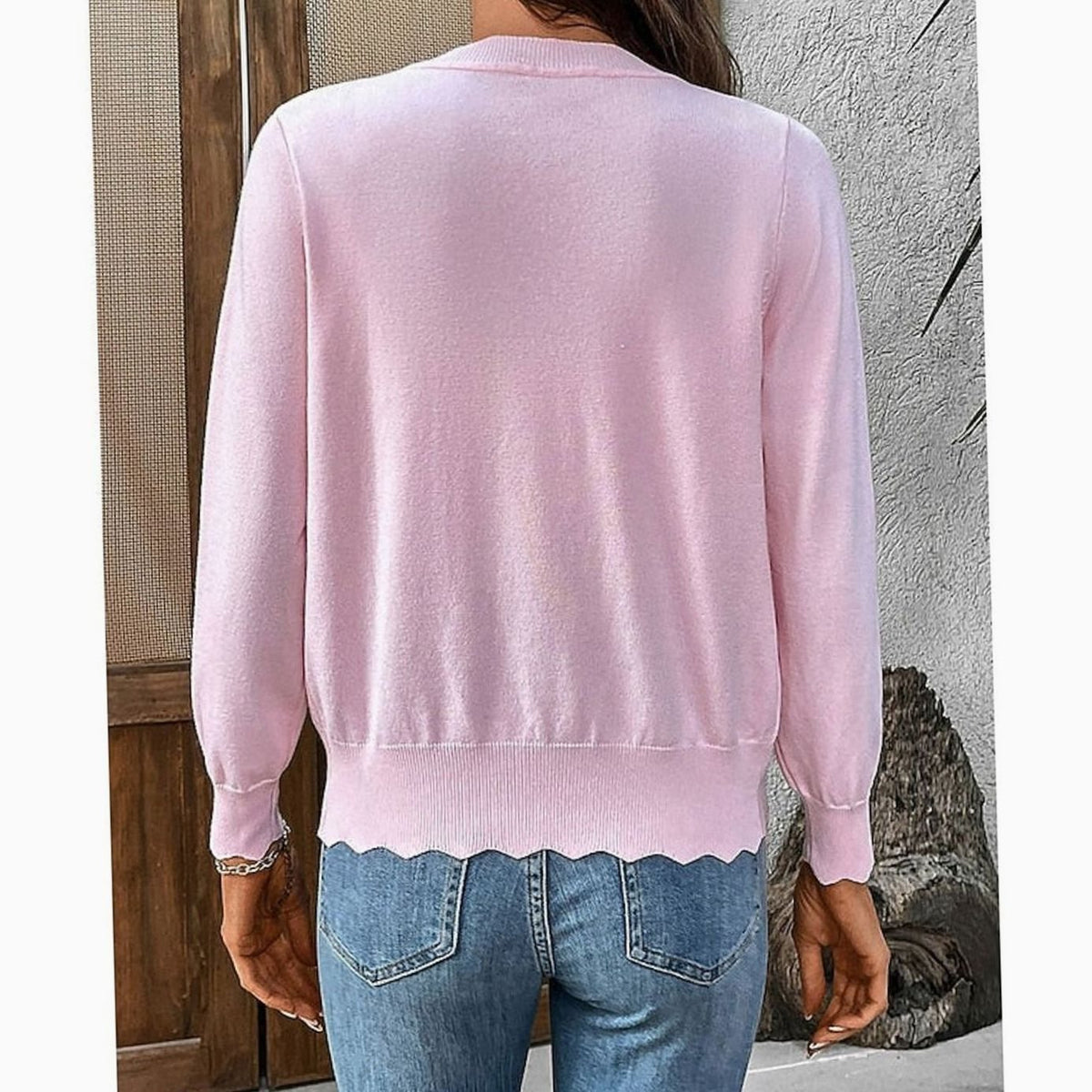 Women's Button-Front Knit Cardigan Scalloped-Edge Relaxed Fit Layering Stylish