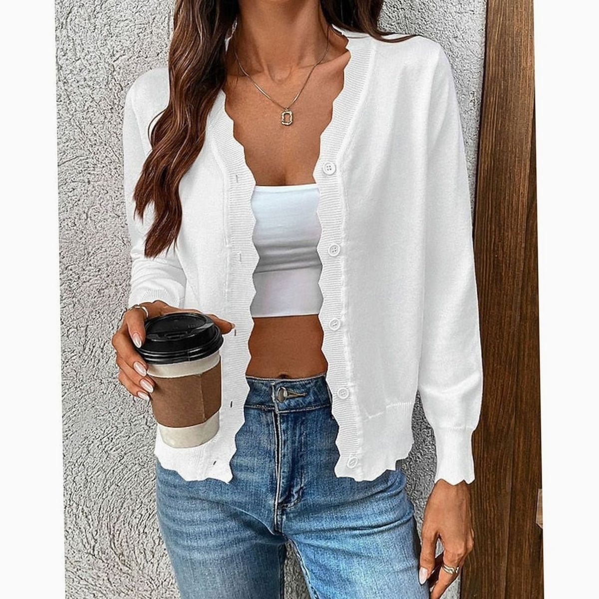Women's Button-Front Knit Cardigan Scalloped-Edge Relaxed Fit Layering Stylish