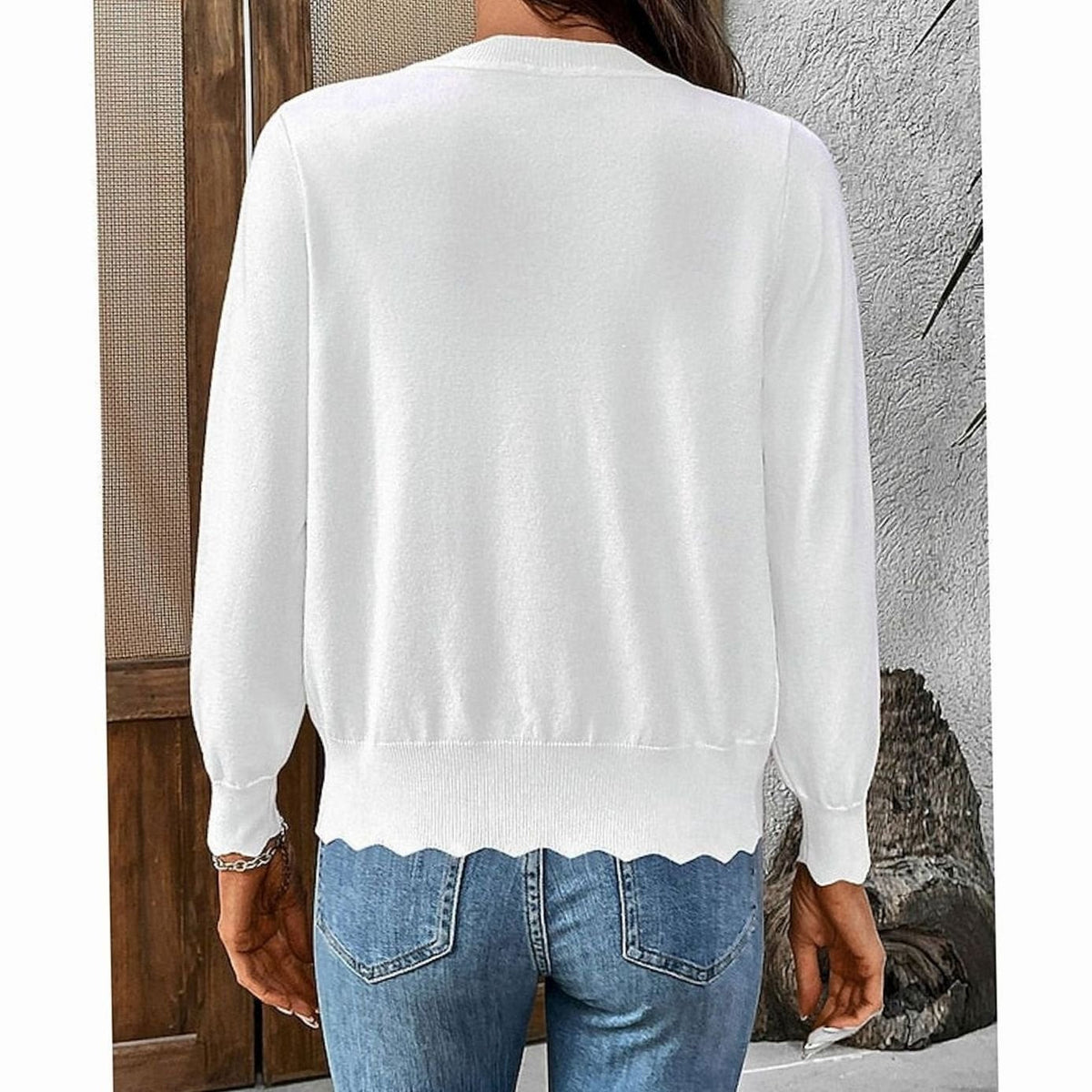 Women's Button-Front Knit Cardigan Scalloped-Edge Relaxed Fit Layering Stylish