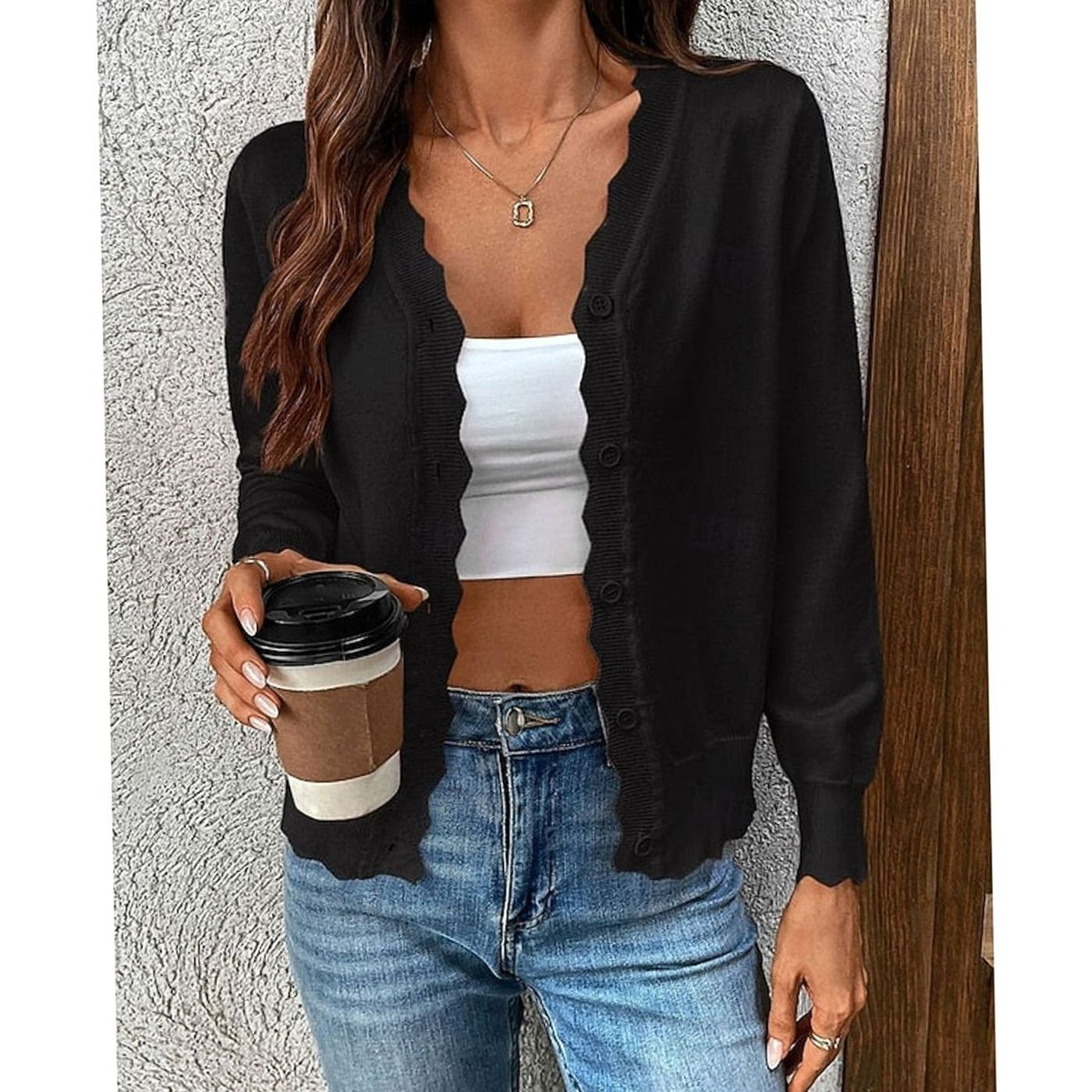Women's Button-Front Knit Cardigan Scalloped-Edge Relaxed Fit Layering Stylish