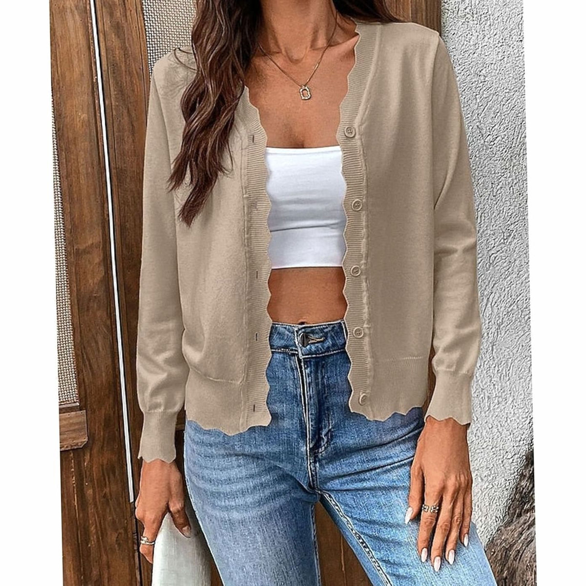 Women's Button-Front Knit Cardigan Scalloped-Edge Relaxed Fit Layering Stylish