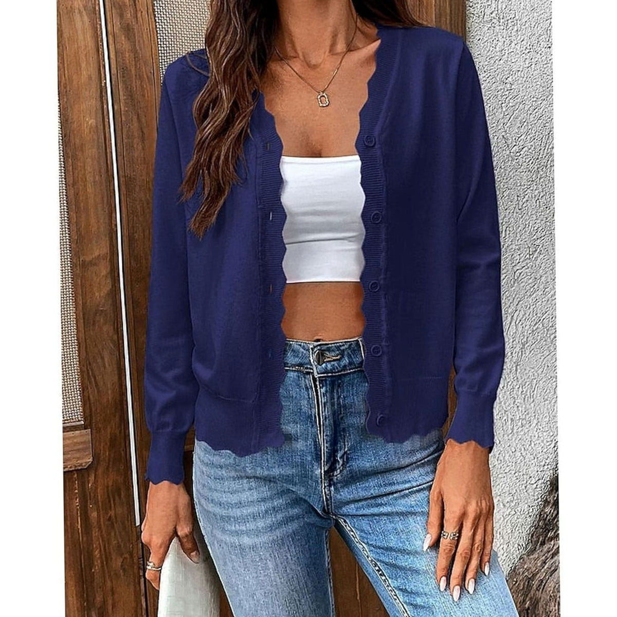 Women's Button-Front Knit Cardigan Scalloped-Edge Relaxed Fit Layering Stylish