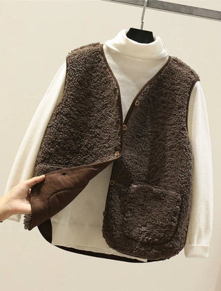 Women's Puffer Vest Button-Front Sherpa Fleece Layered Casual Outerwear