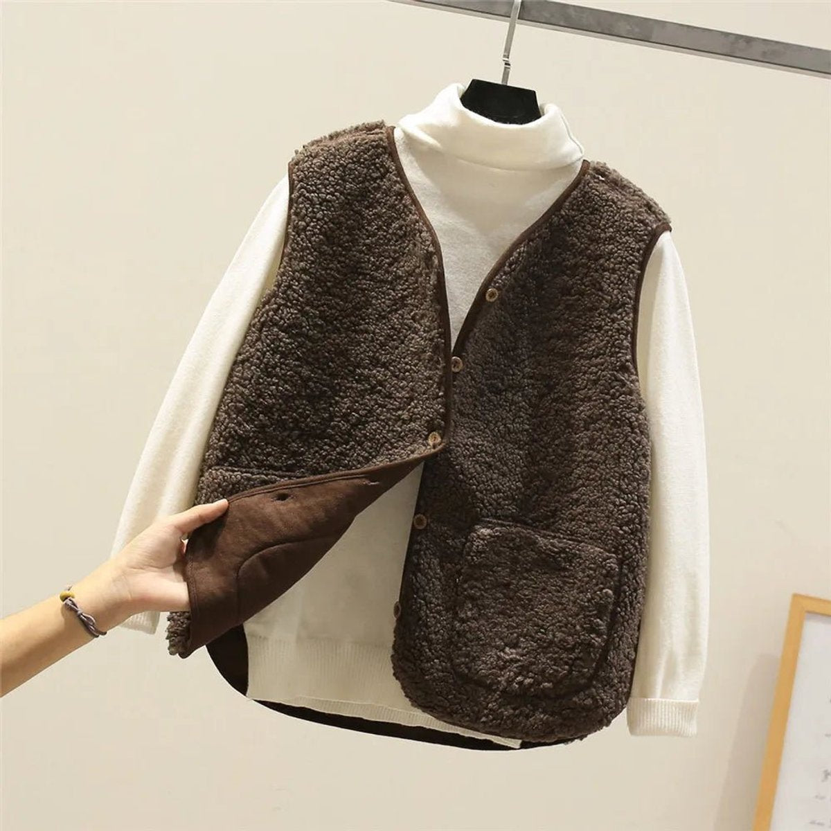 Women's Puffer Vest Button-Front Sherpa Fleece Layered Casual Outerwear
