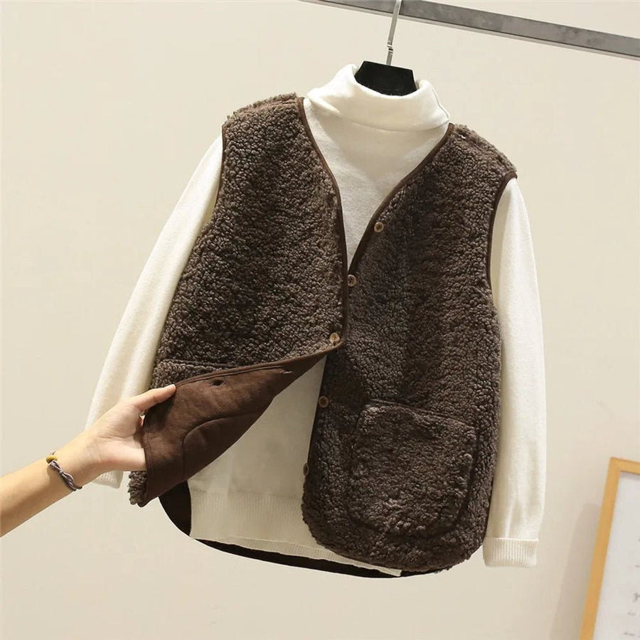 Women's Puffer Vest Button-Front Sherpa Fleece Layered Casual Outerwear