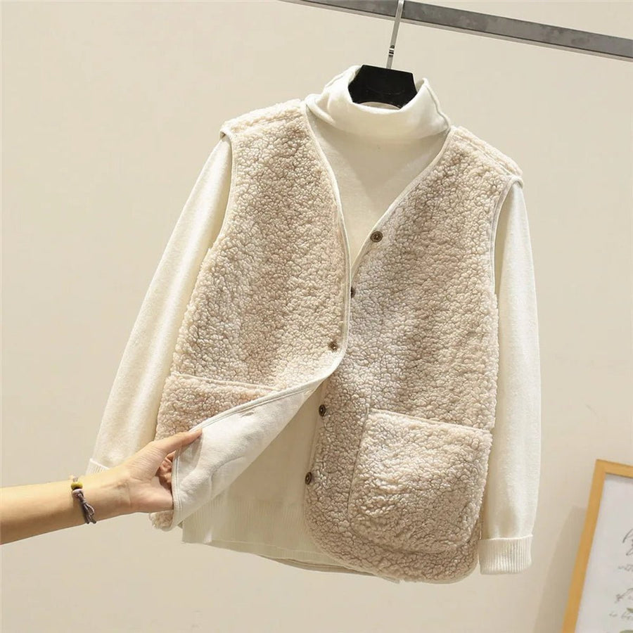 Women's Puffer Vest Button-Front Sherpa Fleece Layered Casual Outerwear