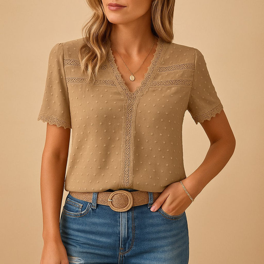 Women's Lace Trim Relaxed Casual Blouse Outfit for Work Brunch Casual Days and Everyday Wear