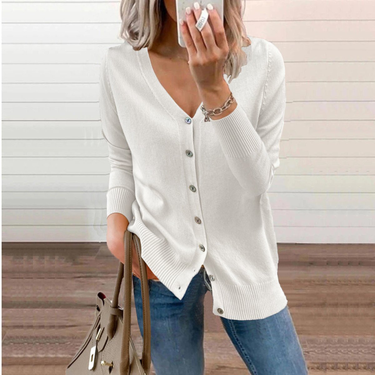 Women's Long Sleeve Knit Cardigan V-Neck Button-Front Casual Layering