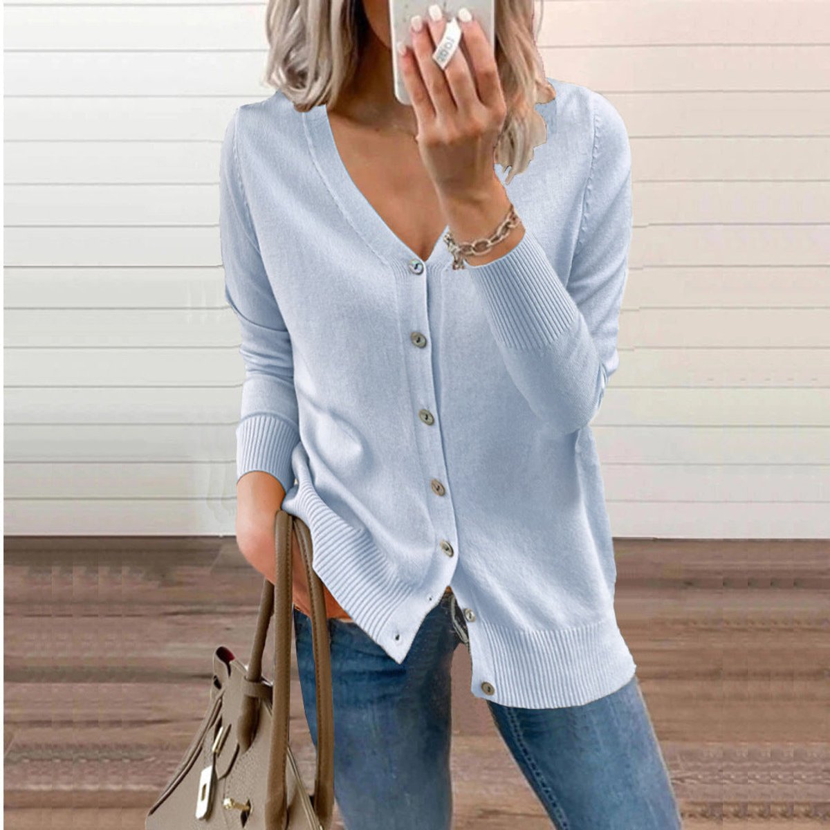 Women's Long Sleeve Knit Cardigan V-Neck Button-Front Casual Layering