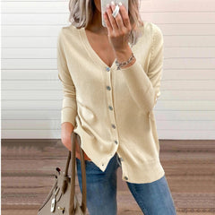 Women's Long Sleeve Knit Cardigan V-Neck Button-Front Casual Layering