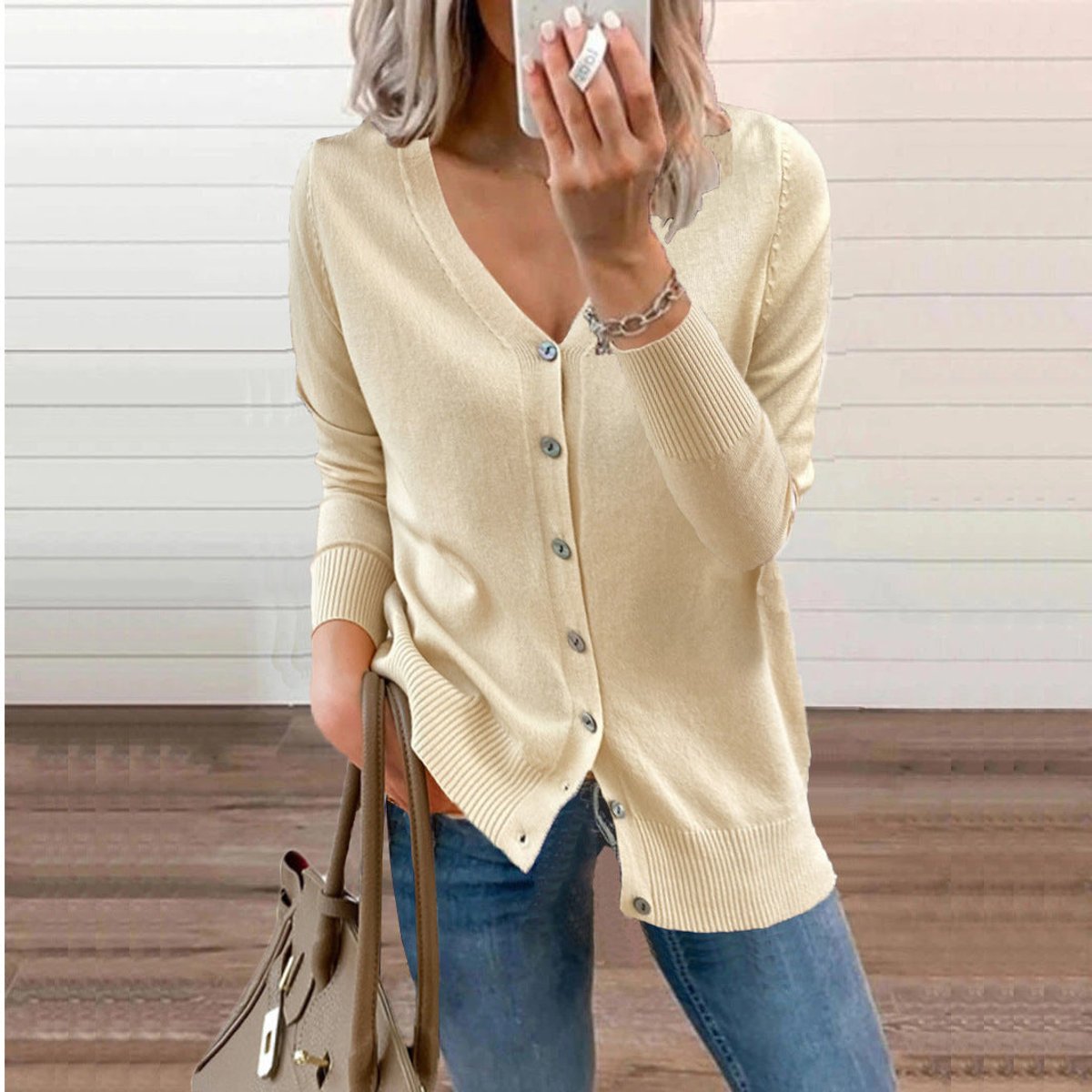 Women's Long Sleeve Knit Cardigan V-Neck Button-Front Casual Layering