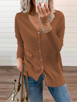 Women's Long Sleeve Knit Cardigan V-Neck Button-Front Casual Layering