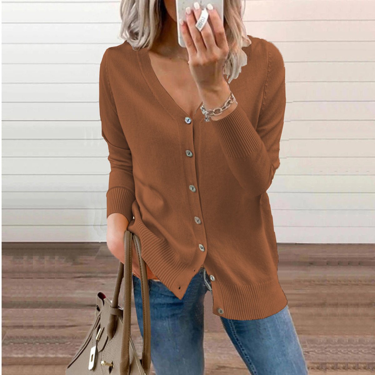 Women's Long Sleeve Knit Cardigan V-Neck Button-Front Casual Layering