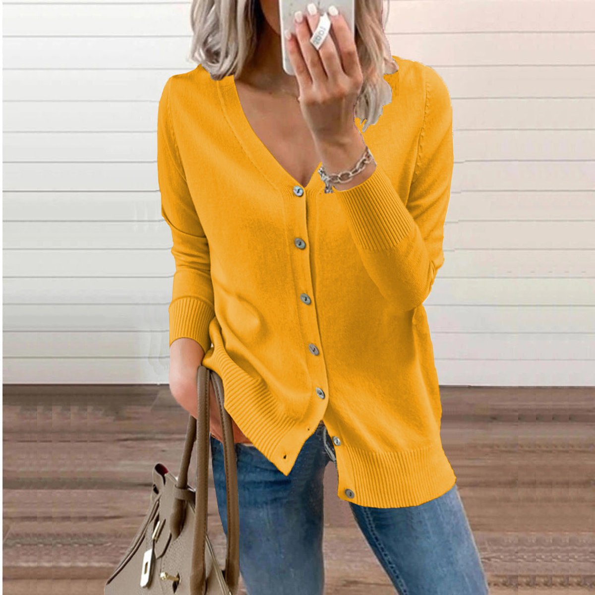 Women's Long Sleeve Knit Cardigan V-Neck Button-Front Casual Layering