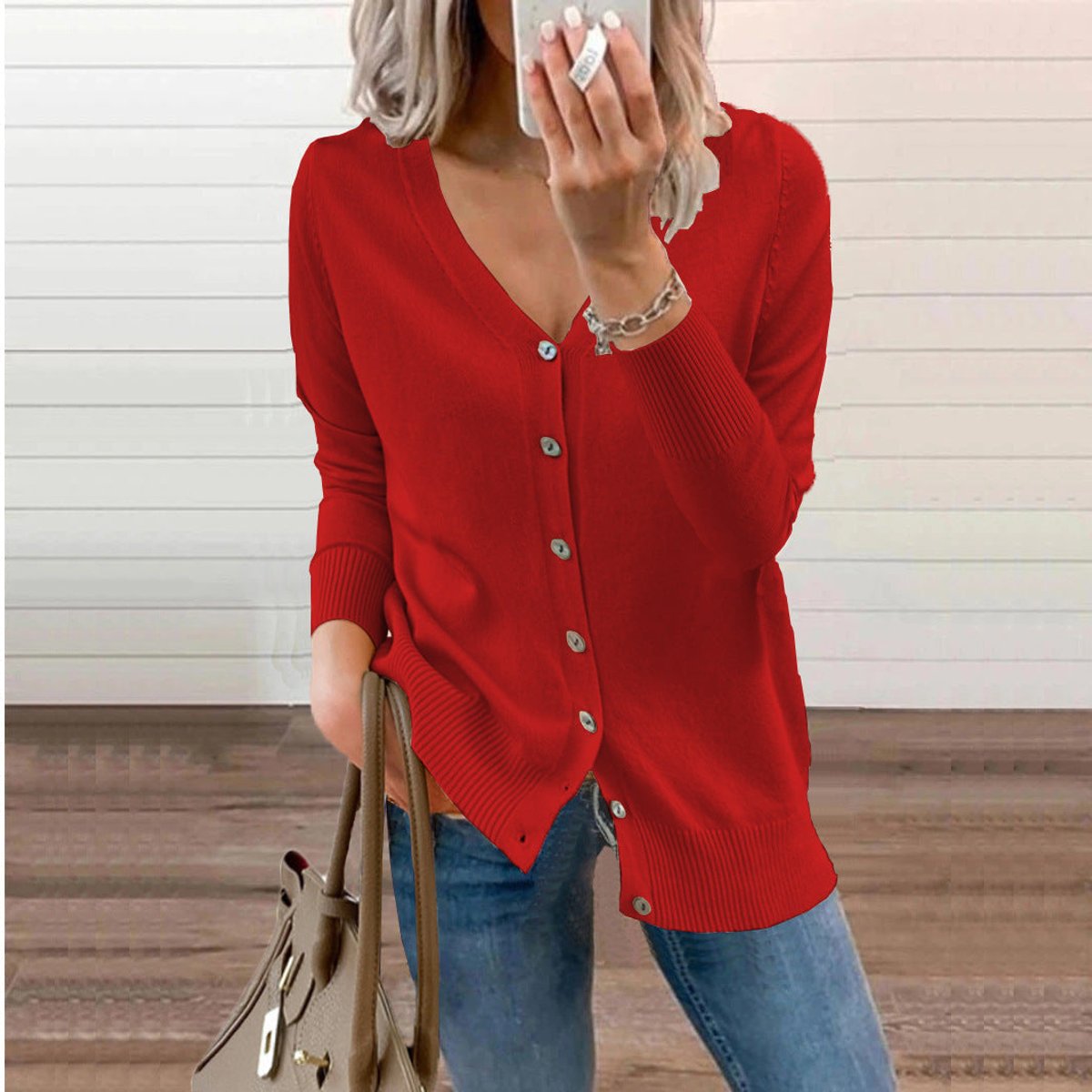Women's Long Sleeve Knit Cardigan V-Neck Button-Front Casual Layering