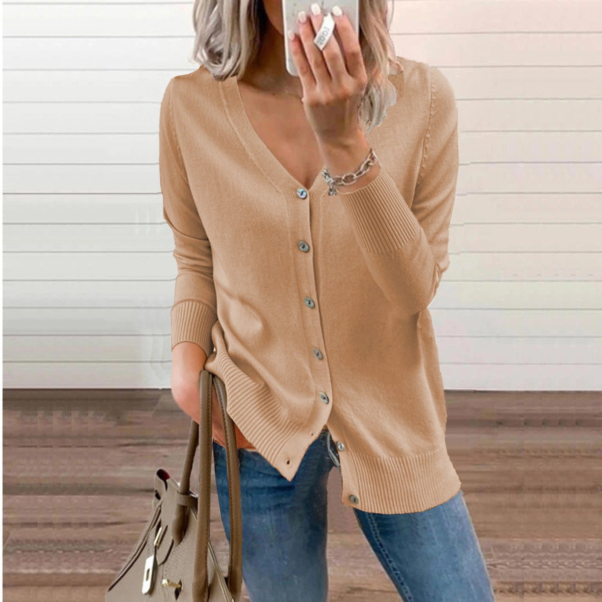 Women's Long Sleeve Knit Cardigan V-Neck Button-Front Casual Layering