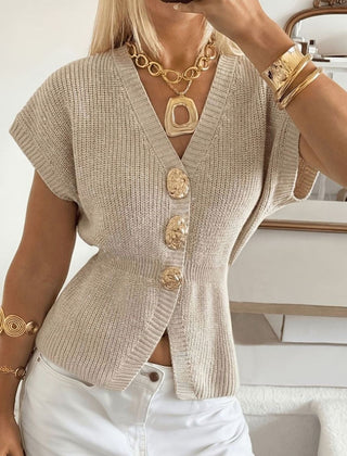 Women's Knit Cardigan V-Neck Gold Button Long Sleeve Stylish Layering