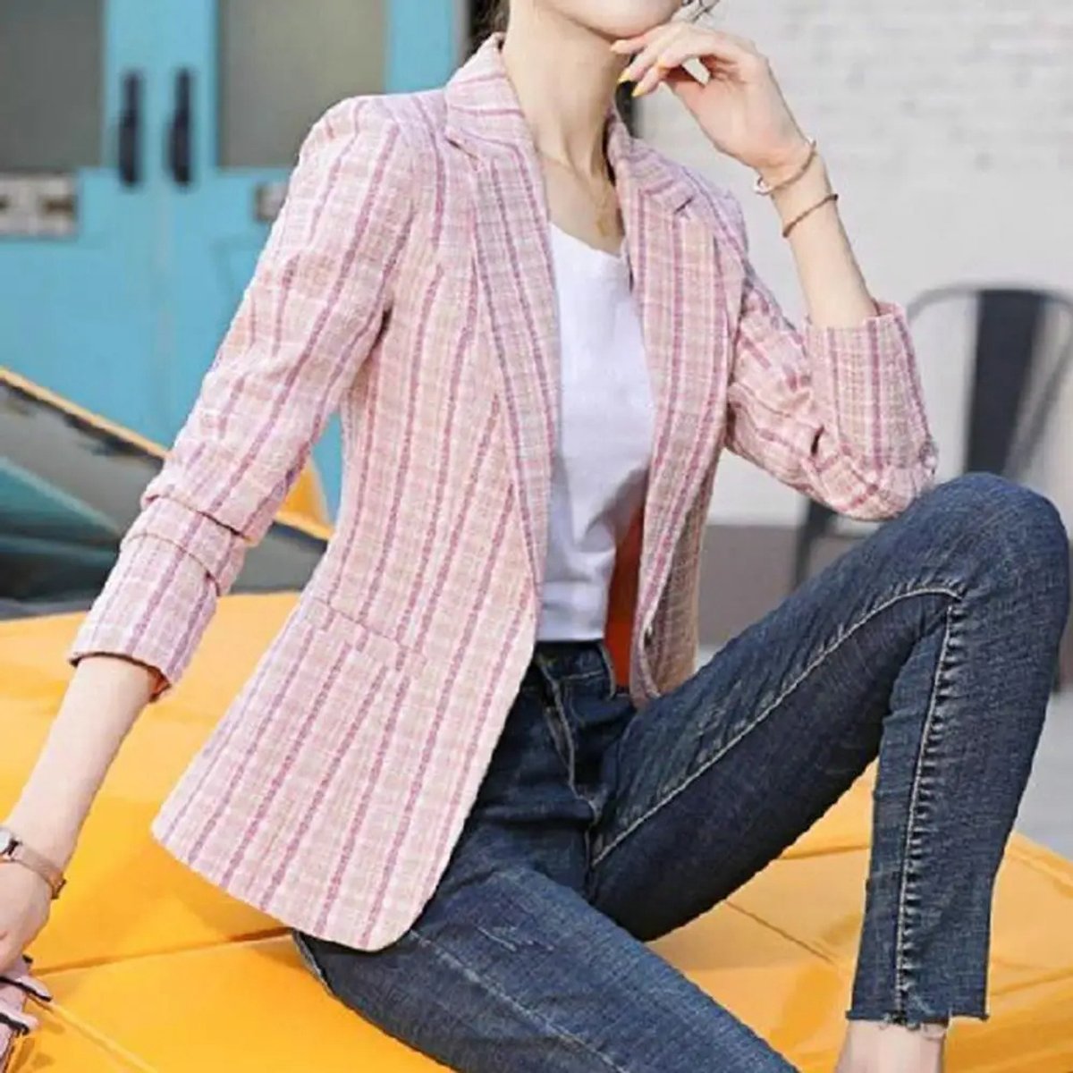 Women's Tailored Blazer Jacket Plaid Single-Button Fit Stylish Layering