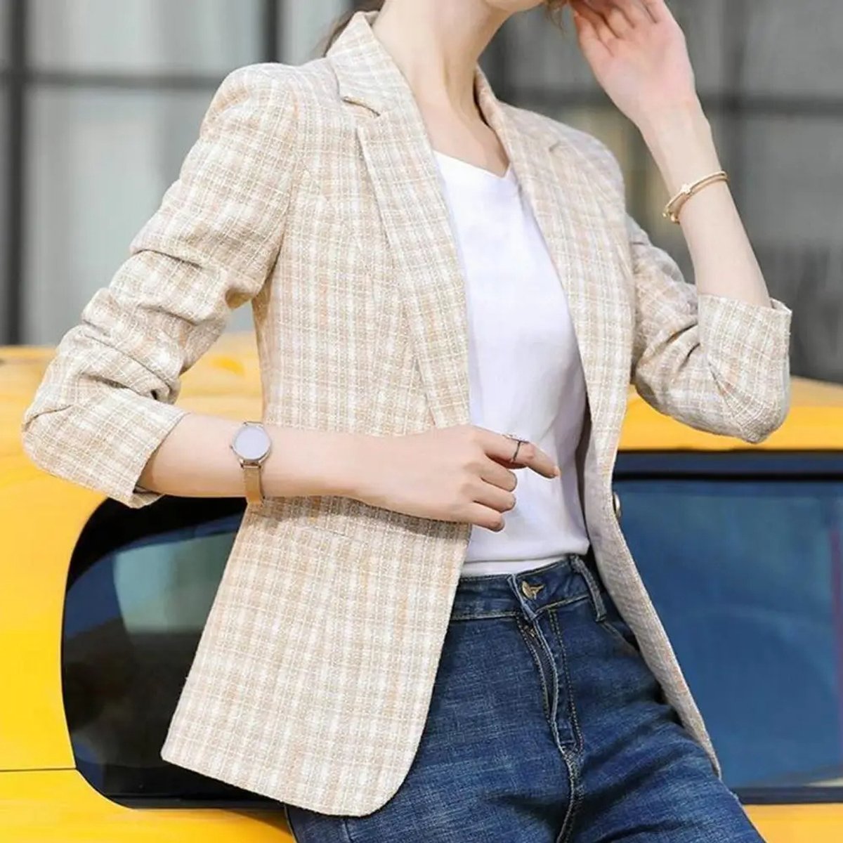 Women's Tailored Blazer Jacket Plaid Single-Button Fit Stylish Layering
